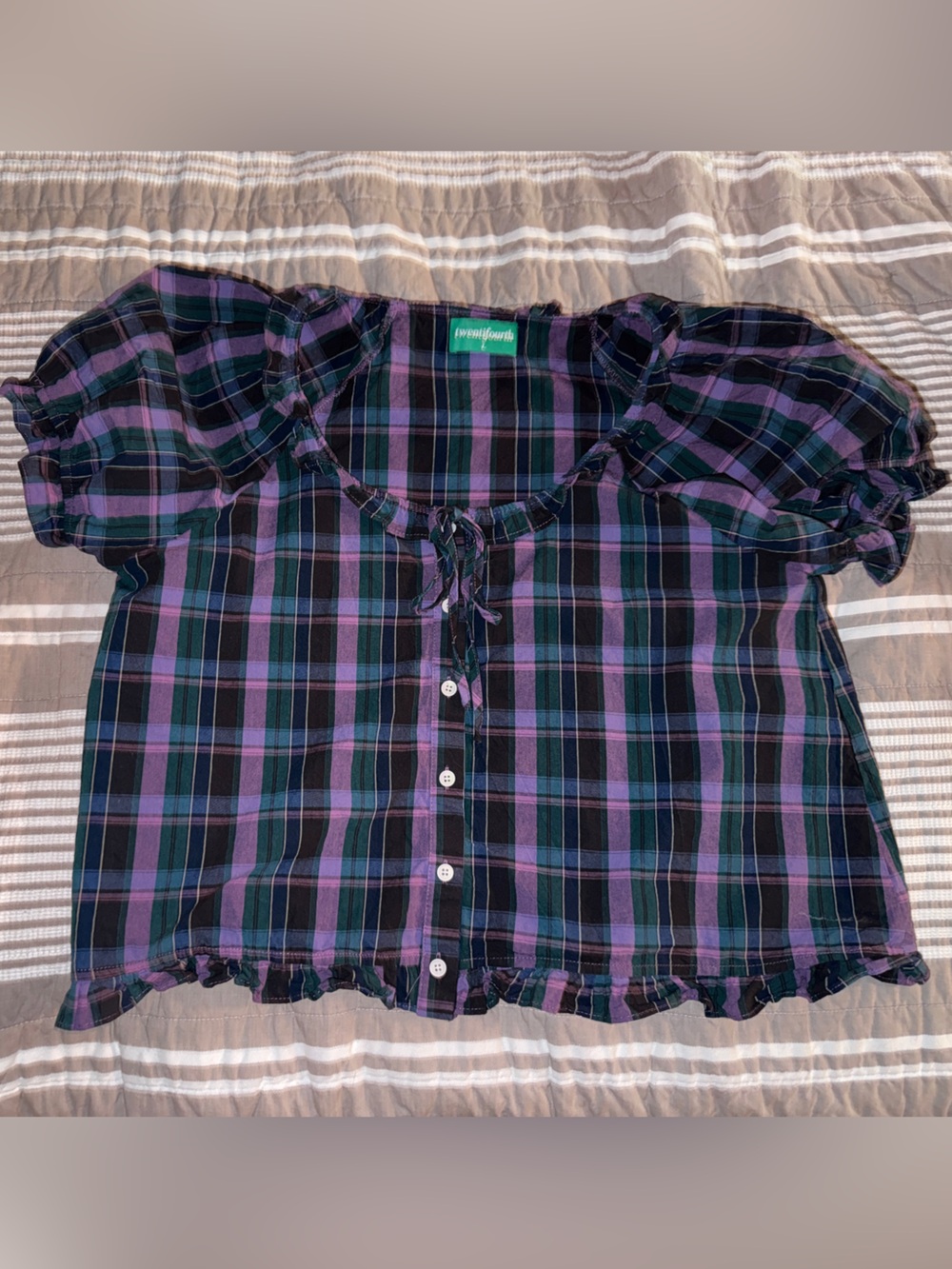 Twentifourth Plaid Button Front Puff Sleeve Top